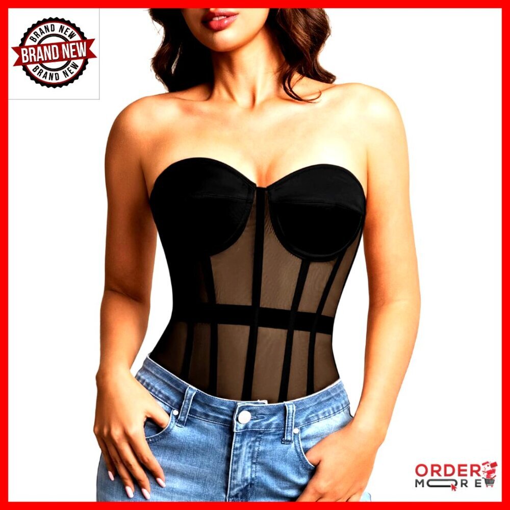 Sheer Mesh Overbust Corset, Strapless Satin Shapewear Top, Runs Small